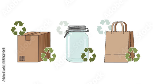 Promoting a Greener Planet Illustration of sustainable packaging options, showcasing recyclable cardboard, reusable glass jars, and eco-friendly paper bags for waste reduction