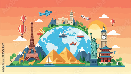 A colorful travel illustration depicting global landmarks with transportation