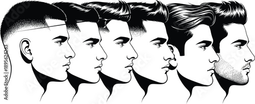 Men hairstyle profile illustration set, modern male haircut variations, barber grooming fashion styles, side view portraits, trendy hair evolution, isolated vector