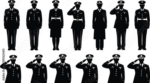 Military officer silhouettes set in uniform, soldiers saluting and standing, army personnel illustration collection isolated on white background