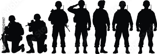 Military soldier silhouettes standing and kneeling with rifles, army combat poses, armed forces concept, tactical defense vector illustration