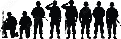 Military soldier silhouettes in various poses with weapons, army forces concept, tactical defense illustration, combat readiness, patriotic service vector