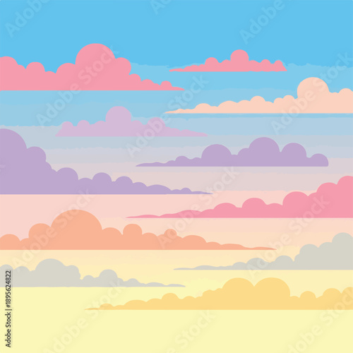 A digitally created cloudscape of various colors in a gradient sky