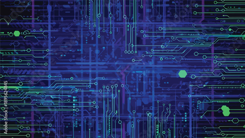 A digital representation of a circuit board with interconnected paths