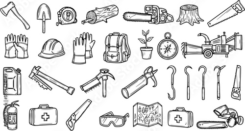 Hand-drawn Black  White Line Art Vector Set of Forestry and Logging Tools, Outdoor Work Equipment, and Safety Gear Icons.