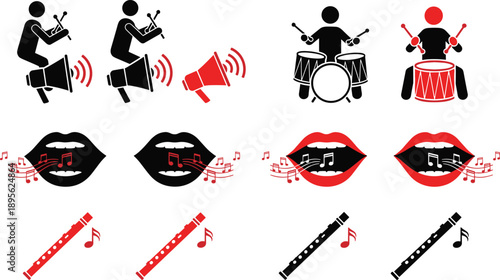 Music performance icons set showing drummers singers instruments speakers sound symbols black red silhouette illustration design collection