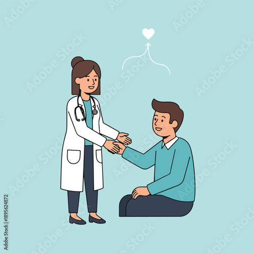 A doctor greeting a patient, with a heart symbol above