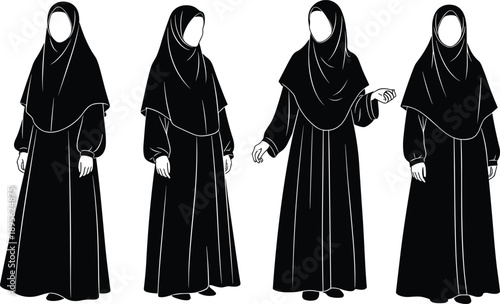 Muslim woman silhouette illustration set, female figures wearing abaya and hijab, modest fashion poses, cultural identity, black vector design