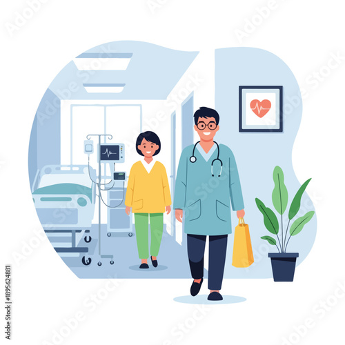 A doctor accompanies a patient down a hospital corridor