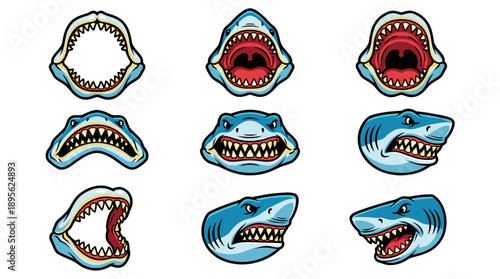 Angry Blue Shark Jaws Vector Mascot Set, Aggressive Marine Predator Heads with Open Mouths and Sharp Teeth for Esports Logo and Sports Team Badge Design.
