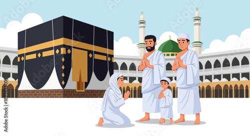 Hajj Pilgrimage: Muslim Family Praying at the Kaaba, Masjid al-Haram, Mecca. Vector Illustration.