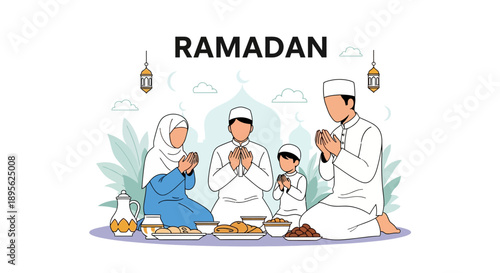 Ramadan Kareem: Muslim Family Praying Together for Iftar or Suhoor. Flat vector illustration of Islamic religious celebration.