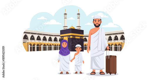 Muslim Family Hajj Pilgrimage Illustration. Father, Mother, and Son in Ihram Attire Traveling to Mecca with Kaaba and Grand Mosque Background.
