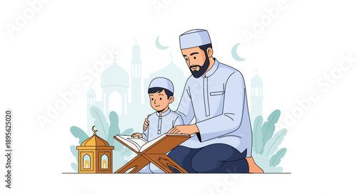 Muslim Father Teaching Son Quran. Islamic Family Learning, Religious Education, and Study Illustration.