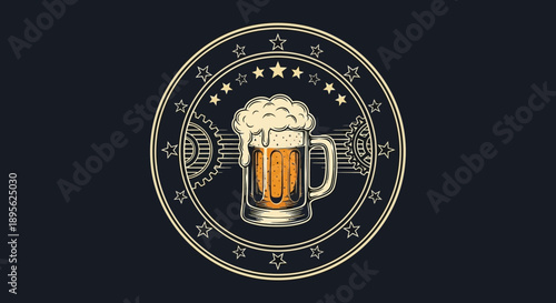 Craft Beer Mug Emblem with Gears and Stars on Dark Background