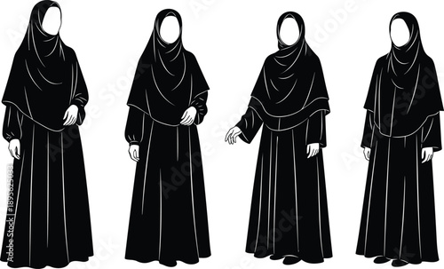 Muslim woman silhouette set, modest fashion figures wearing abaya and hijab, cultural identity poses, minimalist black vector illustration design