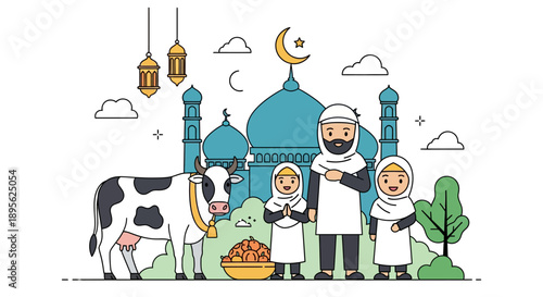 Happy Eid al-Adha Mubarak: Muslim Family Celebrating Qurban with Sacrificial Cow in front of Mosque, Outline Vector Illustration
