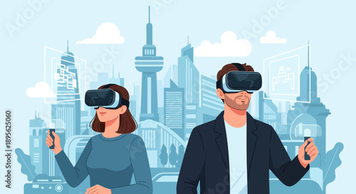 Metaverse VR Exploration: Couple Wearing Headsets Interacting with Futuristic Architecture and Digital Urban Planning in a Cityscape Vector Illustration.