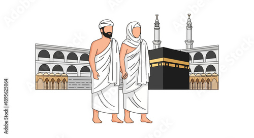 Muslim Couple Performing Hajj or Umrah Pilgrimage. Standing in Ihram Garments with Kaaba and Masjid al-Haram Background. Vector Illustration.