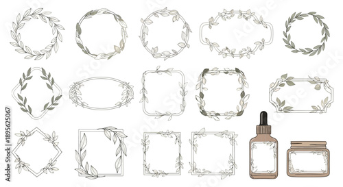 Hand-drawn botanical frames and cosmetic packaging, elegant design elements