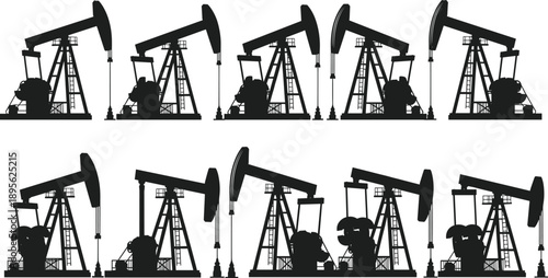 Oil pumpjack silhouettes collection, petroleum industry machinery working poses, industrial energy extraction equipment illustration isolated on white background