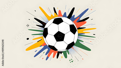 A soccer ball explodes with color and movement in artistic illustration.