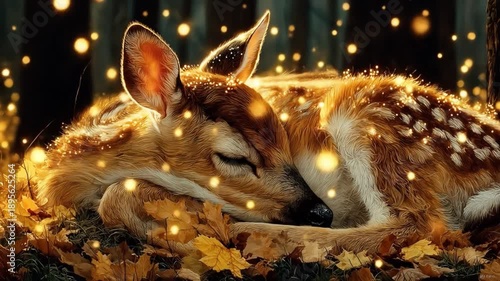 Wallpaper Mural Sleeping fawn in forest environment with glowing particles and autumn leaves Torontodigital.ca