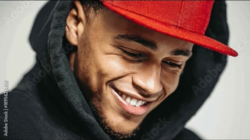 Wallpaper Mural Smiling man in red cap and black hoodie close up studio portrait Torontodigital.ca