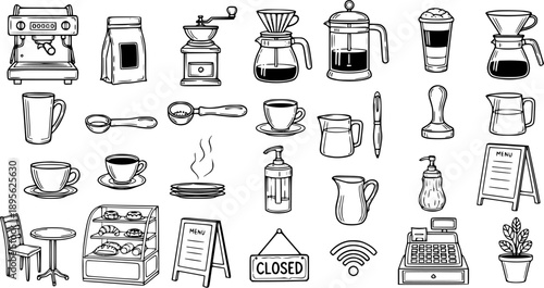 Coffee Shop and Cafe Elements Hand-drawn Line Art Icon Set. Black and White Doodle Style Vector Illustration of Barista Tools, Coffee Drinks, and Bakery Items.