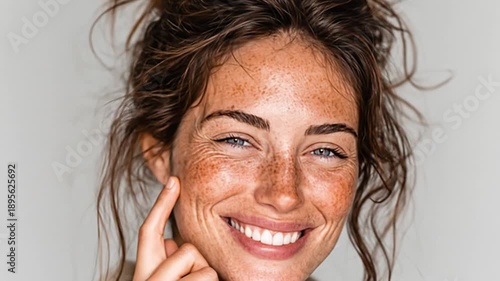 Wallpaper Mural Smiling woman with freckles and warm skin natural beauty portrait Torontodigital.ca