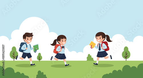 Happy School Children Running Outdoors. Vector Illustration of Smiling Students with Backpacks and Books Going Back to School or Commuting Home.