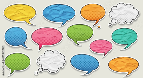 Colored speech bubbles cut out of crumpled paper elements set. Dotted modern retro urban magazine style pop art dialogue balloons. Social media clip art, vector illustration for mixed media design