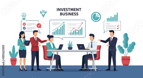 Business Team Meeting for Investment Strategy Planning. Financial Analysis, Corporate Growth, and Data Statistics in Flat Vector Illustration.