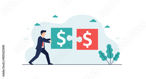 Businessman Connecting Financial Puzzle Pieces. Merger and Acquisition Concept, Money Synergy, Investment Strategy, and Business Solution Illustration.