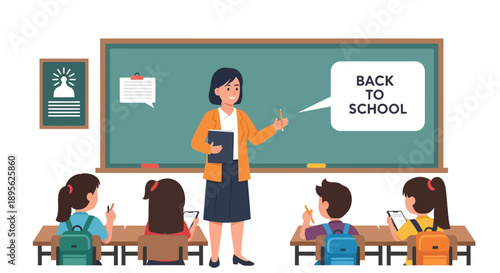 Teacher Giving Lesson to Students in Classroom, Back to School Concept Vector Illustration