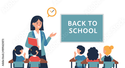 Back to School Teacher and Students Classroom Illustration. Educator Standing by Blackboard, Kids Raising Hands, Primary Education Concept.