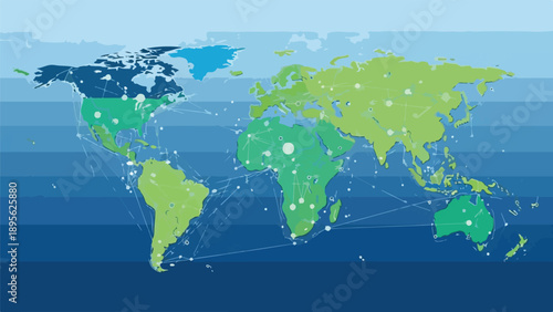 A global map with green and blue continents connected by lines