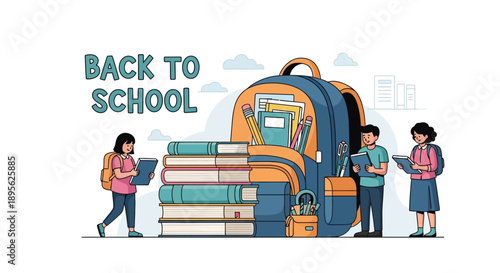 Back to School Vector Illustration: Happy Students, Big Backpack, and Stack of Books for Academic Education Start.