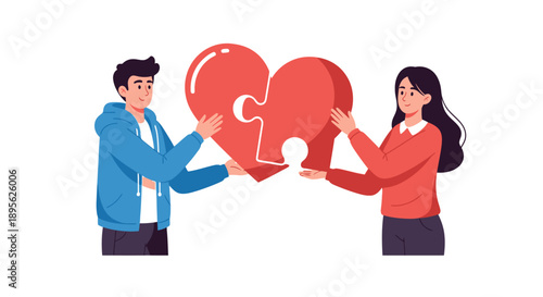 Couple Completing Heart Puzzle: Finding Love, Partnership, and Relationship Connection. Vector Illustration Isolated on White.