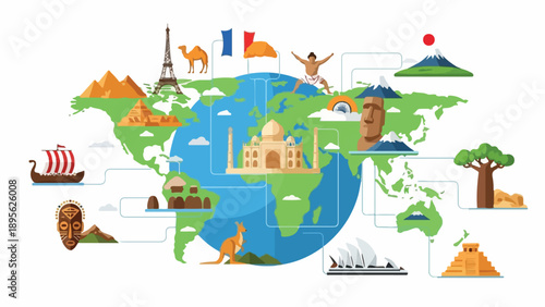 A globe with iconic world landmarks, buildings, and cultural symbols