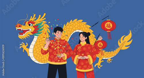 Year of the Dragon Celebration: Happy Chinese New Year Couple, Traditional Attire, Red Lanterns, and Golden Dragon Illustration