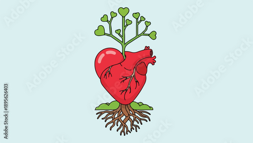 A heart with a tree growing out, roots beneath, on a light blue background