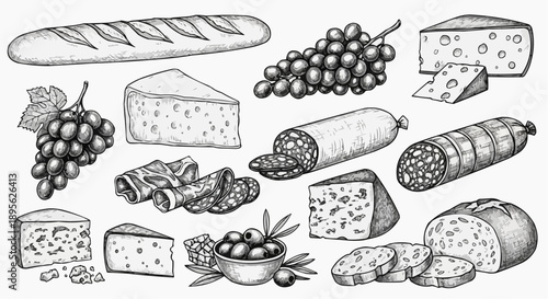 Delicacy Collection: Artistic illustration of a mouthwatering assortment of artisanal cheeses, cured meats, fresh grapes, and crusty bread, perfect for culinary and gourmet themes.