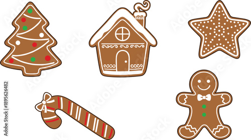 Christmas Gingerbread Cookies Set with Tree, House, Star, Candy Cane and Gingerbread Man
