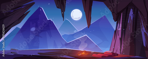 Mountain Cave Shelter at Night with Campfire, Sleeping Bag and Full Moon