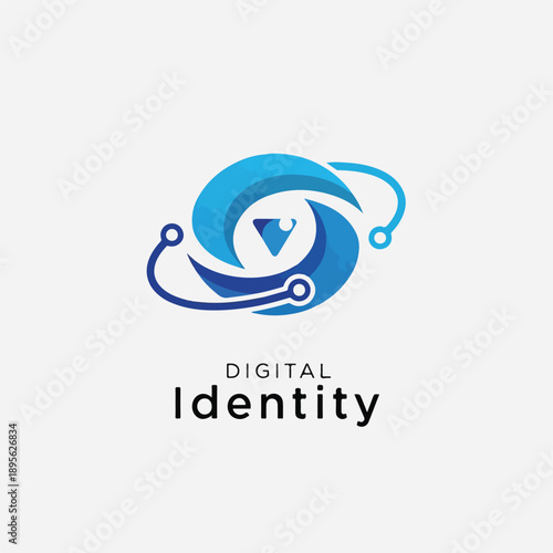 A logo featuring a blue eye within a circular design on a white background