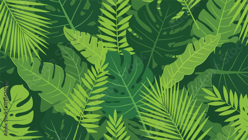 A lush, layered illustration showcasing various green tropical leaves, creating a dense pattern