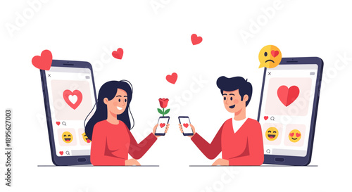 Online Dating and Digital Love Connection. Man and Woman Sending Hearts and Rose via Mobile App Screen. Flat Vector Illustration for Social Media and Relationship Concept.