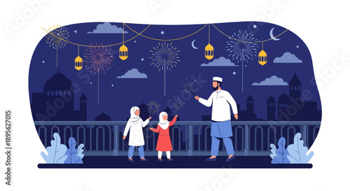 Happy Eid Mubarak: Muslim Family (Father and Daughters) Celebrating with Sparklers and Fireworks on Rooftop at Night, Mosque Silhouette Background.