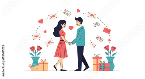 Love Story: Happy Couple Holding Hands Surrounded by Flying Love Letters, Hearts, and Gifts. Flat Vector Illustration for Valentine's Day or Dating.